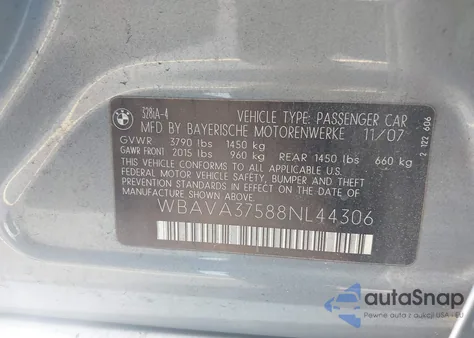 2008 BMW 328I from USA, damaged, VIN WBAVA37588NL44306